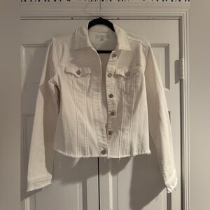 Htrailz Women's White Denim Jacket size small. Silk panel on back